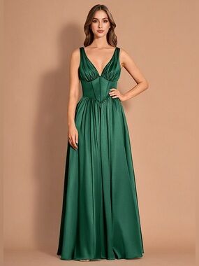 Azazie Emerald Green Satin V-Neck Maxi Gown